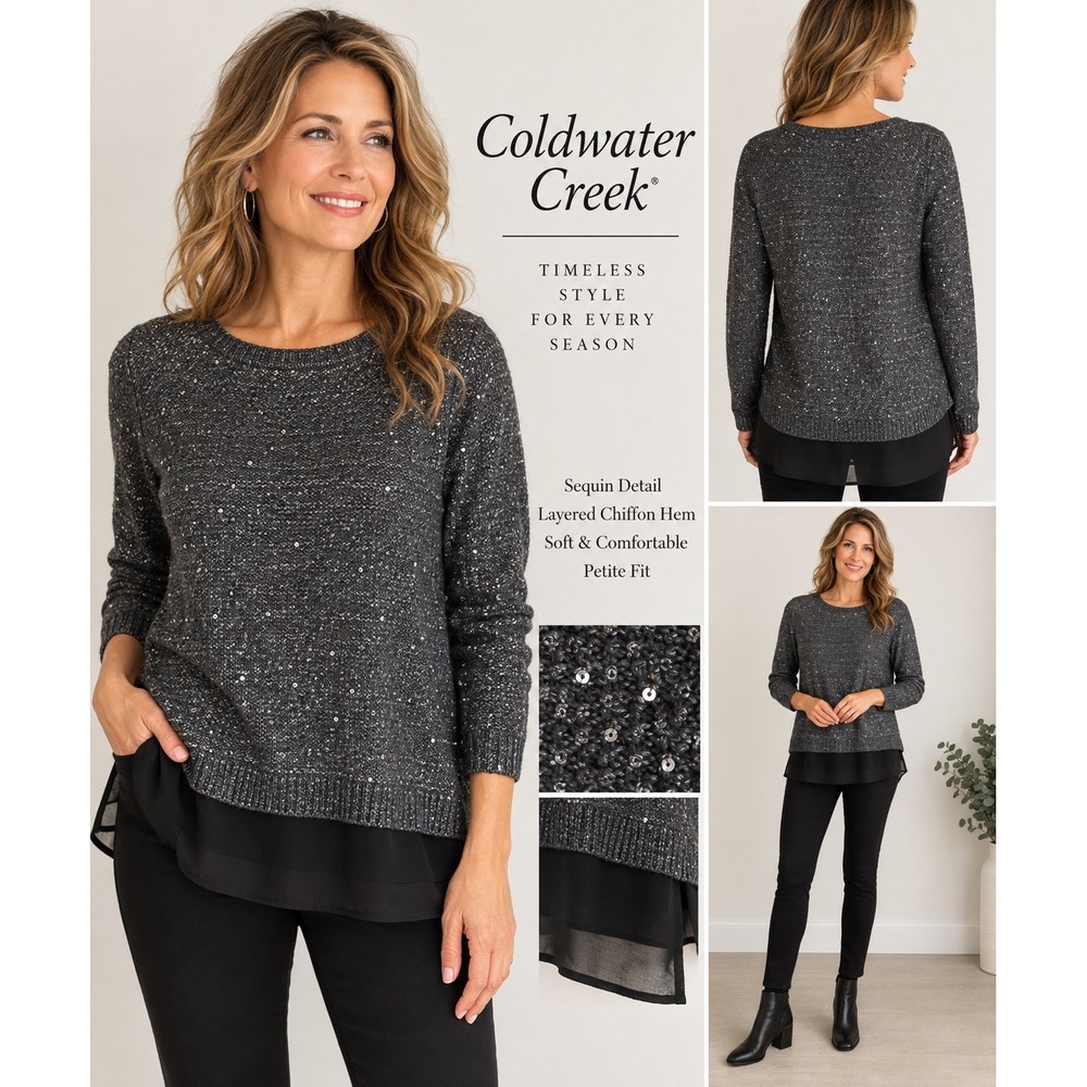 Coldwater Creek Sequin Layered Chiffon Hem Sweater Charcoal Grey Petite PM